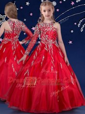 Best Floor Length Red Little Girl Pageant Dress Asymmetric Sleeveless Zipper