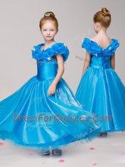 Sophisticated Off the Shoulder Cap Sleeves Ankle Length Appliques Zipper Little Girl Pageant Gowns with Blue