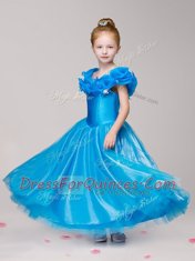 Sophisticated Off the Shoulder Cap Sleeves Ankle Length Appliques Zipper Little Girl Pageant Gowns with Blue
