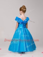 Sophisticated Off the Shoulder Cap Sleeves Ankle Length Appliques Zipper Little Girl Pageant Gowns with Blue