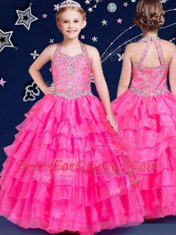 Discount Halter Top Hot Pink Organza Zipper Little Girls Pageant Gowns Sleeveless Floor Length Beading and Ruffled Layers