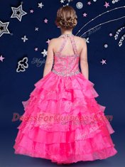 Discount Halter Top Hot Pink Organza Zipper Little Girls Pageant Gowns Sleeveless Floor Length Beading and Ruffled Layers