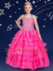 Discount Halter Top Hot Pink Organza Zipper Little Girls Pageant Gowns Sleeveless Floor Length Beading and Ruffled Layers