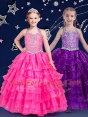 Discount Halter Top Hot Pink Organza Zipper Little Girls Pageant Gowns Sleeveless Floor Length Beading and Ruffled Layers
