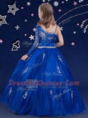 Bateau Sleeveless Little Girl Pageant Gowns Floor Length Beading Royal Blue Organza
