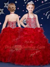 Fantastic Wine Red Pageant Gowns For Girls Quinceanera and Wedding Party and For with Beading and Ruffles Halter Top Sleeveless Zipper