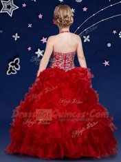 Fantastic Wine Red Pageant Gowns For Girls Quinceanera and Wedding Party and For with Beading and Ruffles Halter Top Sleeveless Zipper
