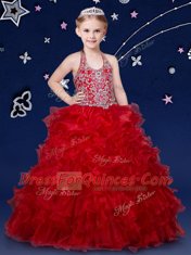 Fantastic Wine Red Pageant Gowns For Girls Quinceanera and Wedding Party and For with Beading and Ruffles Halter Top Sleeveless Zipper