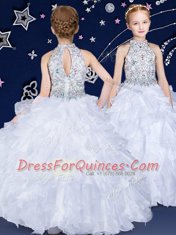 Halter Top Sleeveless Floor Length Beading and Ruffles Zipper Flower Girl Dresses for Less with White