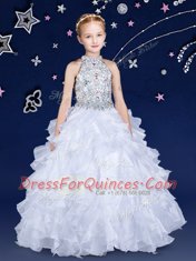 Halter Top Sleeveless Floor Length Beading and Ruffles Zipper Flower Girl Dresses for Less with White