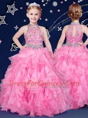Halter Top Rose Pink Sleeveless Floor Length Beading and Ruffles Zipper Child Pageant Dress