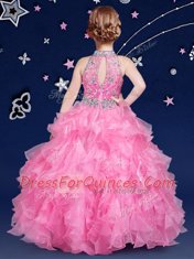 Halter Top Rose Pink Sleeveless Floor Length Beading and Ruffles Zipper Child Pageant Dress