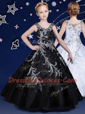 Black Organza Zipper Scoop Sleeveless Floor Length Girls Pageant Dresses Beading