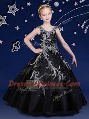 Black Organza Zipper Scoop Sleeveless Floor Length Girls Pageant Dresses Beading