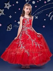 Red Ball Gowns Scoop Sleeveless Organza Ankle Length Zipper Beading and Appliques Flower Girl Dresses