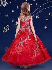 Red Ball Gowns Scoop Sleeveless Organza Ankle Length Zipper Beading and Appliques Flower Girl Dresses