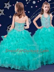 Admirable Halter Top Turquoise Sleeveless Beading and Ruffles Floor Length Little Girl Pageant Dress