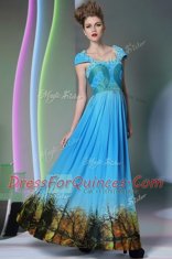 Baby Blue Printed Zipper Sleeveless Floor Length Appliques and Pattern