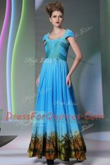 Baby Blue Printed Zipper Sleeveless Floor Length Appliques and Pattern