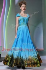 Baby Blue Printed Zipper Sleeveless Floor Length Appliques and Pattern