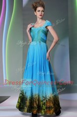 Baby Blue Printed Zipper Sleeveless Floor Length Appliques and Pattern