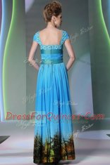 Baby Blue Printed Zipper Sleeveless Floor Length Appliques and Pattern