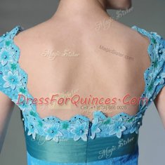 Baby Blue Printed Zipper Sleeveless Floor Length Appliques and Pattern