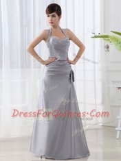 Chic Halter Top Grey Satin Lace Up Prom Dresses Sleeveless Floor Length Beading and Ruching