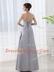 Chic Halter Top Grey Satin Lace Up Prom Dresses Sleeveless Floor Length Beading and Ruching