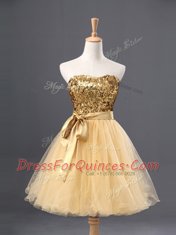 Custom Design Beading and Sashes ribbons Prom Gown Champagne Zipper Sleeveless Knee Length