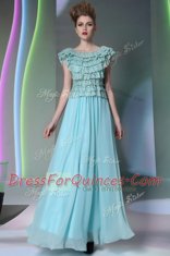 Gorgeous Scoop Aqua Blue Side Zipper Prom Evening Gown Lace Cap Sleeves Floor Length