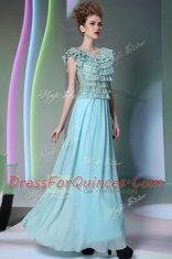 Gorgeous Scoop Aqua Blue Side Zipper Prom Evening Gown Lace Cap Sleeves Floor Length