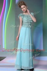 Gorgeous Scoop Aqua Blue Side Zipper Prom Evening Gown Lace Cap Sleeves Floor Length