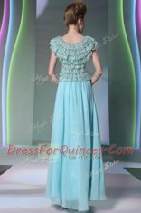 Gorgeous Scoop Aqua Blue Side Zipper Prom Evening Gown Lace Cap Sleeves Floor Length