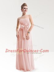 Enchanting Chiffon Strapless Sleeveless Zipper Ruching and Bowknot Prom Evening Gown in Baby Pink