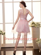 Mini Length Baby Pink Evening Dress High-neck Sleeveless Zipper