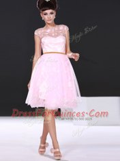Flirting Scoop Cap Sleeves Zipper Prom Gown Baby Pink Chiffon