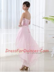 Excellent High Low Baby Pink Prom Dresses Chiffon Sleeveless Beading