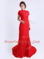 Dynamic Red Lace Backless Prom Evening Gown Cap Sleeves With Brush Train Lace