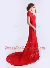 Dynamic Red Lace Backless Prom Evening Gown Cap Sleeves With Brush Train Lace