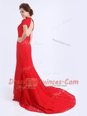 Dynamic Red Lace Backless Prom Evening Gown Cap Sleeves With Brush Train Lace