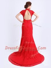 Dynamic Red Lace Backless Prom Evening Gown Cap Sleeves With Brush Train Lace