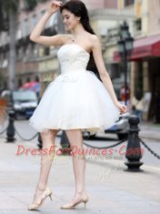 Artistic White Chiffon Lace Up Strapless Sleeveless Knee Length Prom Evening Gown Beading