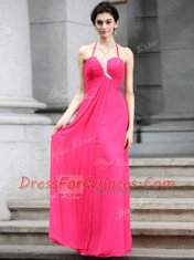 Hot Sale Halter Top Floor Length Hot Pink Prom Dresses Chiffon Sleeveless Beading