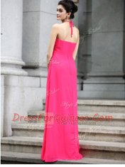 Hot Sale Halter Top Floor Length Hot Pink Prom Dresses Chiffon Sleeveless Beading