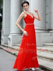 Graceful Coral Red Sleeveless Floor Length Beading Zipper Prom Dress