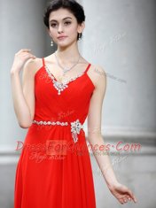 Graceful Coral Red Sleeveless Floor Length Beading Zipper Prom Dress
