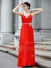 Graceful Coral Red Sleeveless Floor Length Beading Zipper Prom Dress