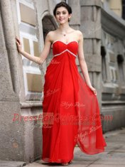 Beading Prom Evening Gown Coral Red Zipper Sleeveless Ankle Length