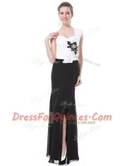 Floor Length White And Black Prom Party Dress One Shoulder Sleeveless Zipper